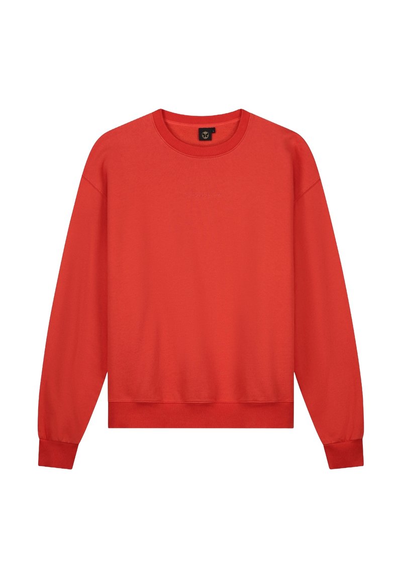 Rode sweatshirt, ronde hals, lange mouwen met ribgebreide manchetten, zachte textuur, effen kleur, geen patronen, subtiele logo aan de voorkant.