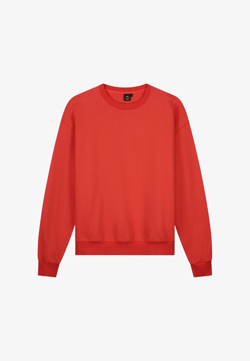 Rode sweatshirt, ronde hals, lange mouwen met ribgebreide manchetten, zachte textuur, effen kleur, geen patronen, subtiele logo aan de voorkant.