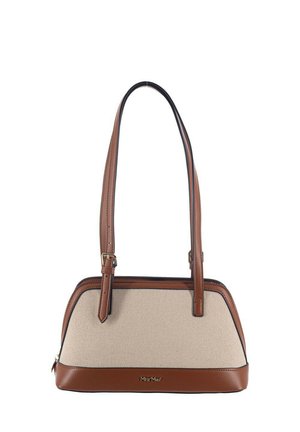 Borsa a mano in tessuto beige texturizzato con rifiniture in pelle marrone, tracolla regolabile e placchetta con logo dorata sul davanti.