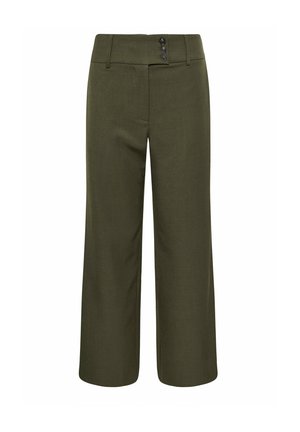 Pantaloni a gamba larga verde oliva con vita alta, tre bottoni frontali e passanti per cintura.