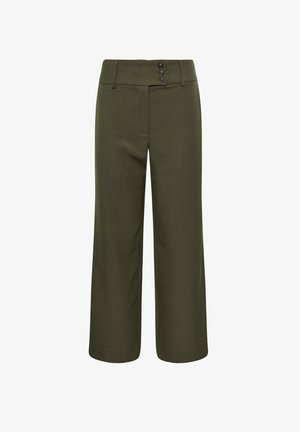 Pantaloni a gamba larga verde oliva con vita alta, tre bottoni frontali e passanti per cintura.