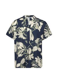 Kurzärmeliges Hemd aus navyfarbener Stoff mit einem Blumenmuster in Creme und Grün. Mit Kragen und lockerer, entspannter Passform.