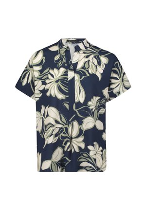 Chemise à manches courtes en tissu bleu marine avec un motif floral crème et vert. Design à col avec une coupe ample et décontractée.