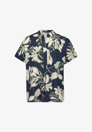 Korte mouwen shirt van marineblauwe stof met een bloemenpatroon in crème en groen. Met kraagontwerp en een losse, comfortabele pasvorm.
