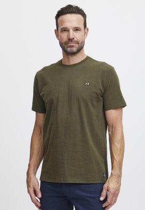 Olive green short-sleeve T-shirt, crew neck, cotton material, featuring a small red, white, and blue logo on the left chest.