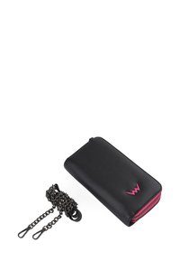 Black leather wallet with pink zip and logo. Features chain strap and two clips. Slim design with smooth texture and minimalist style.