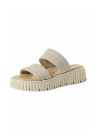 Beige plattform sandaler med två breda remmar och en texturerad, ribbad sula. Materialet verkar mjukt med en slät yta.