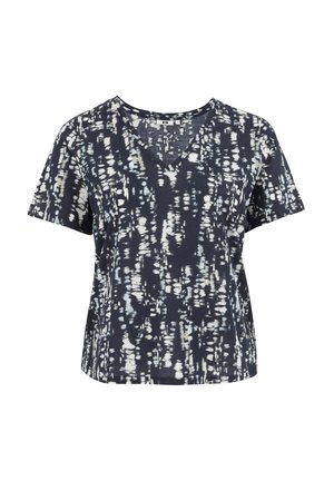Korte mouwen, V-hals t-shirt in donkerblauw met wit abstract patroon. Zachte stof, ontspannen pasvorm en licht gebogen zoom.