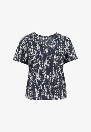 Tričko s krátkym rukávom a výstrihom do V v tmavomodrej farbe s bielym abstraktným vzorom. Mäkká tkanina, uvoľnený strih a jemne zakrivený lem.