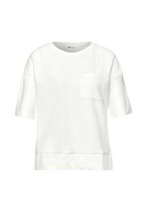 T-shirt blanc à manches courtes avec col rond, poche poitrine frontale et coupe décontractée, présenté sur un fond blanc uni.