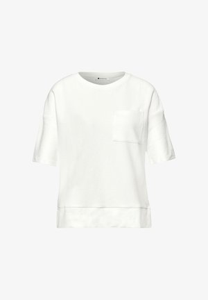 Maglietta bianca a maniche corte con scollo a girocollo, taschino sul petto e vestibilità comoda, mostrata su uno sfondo bianco neutro.