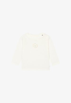 Maglietta a maniche lunghe color crema realizzata in morbido cotone. Presenta uno scollo rotondo, chiusura con bottoni a pressione e testo stampato in un design circolare sul davanti.