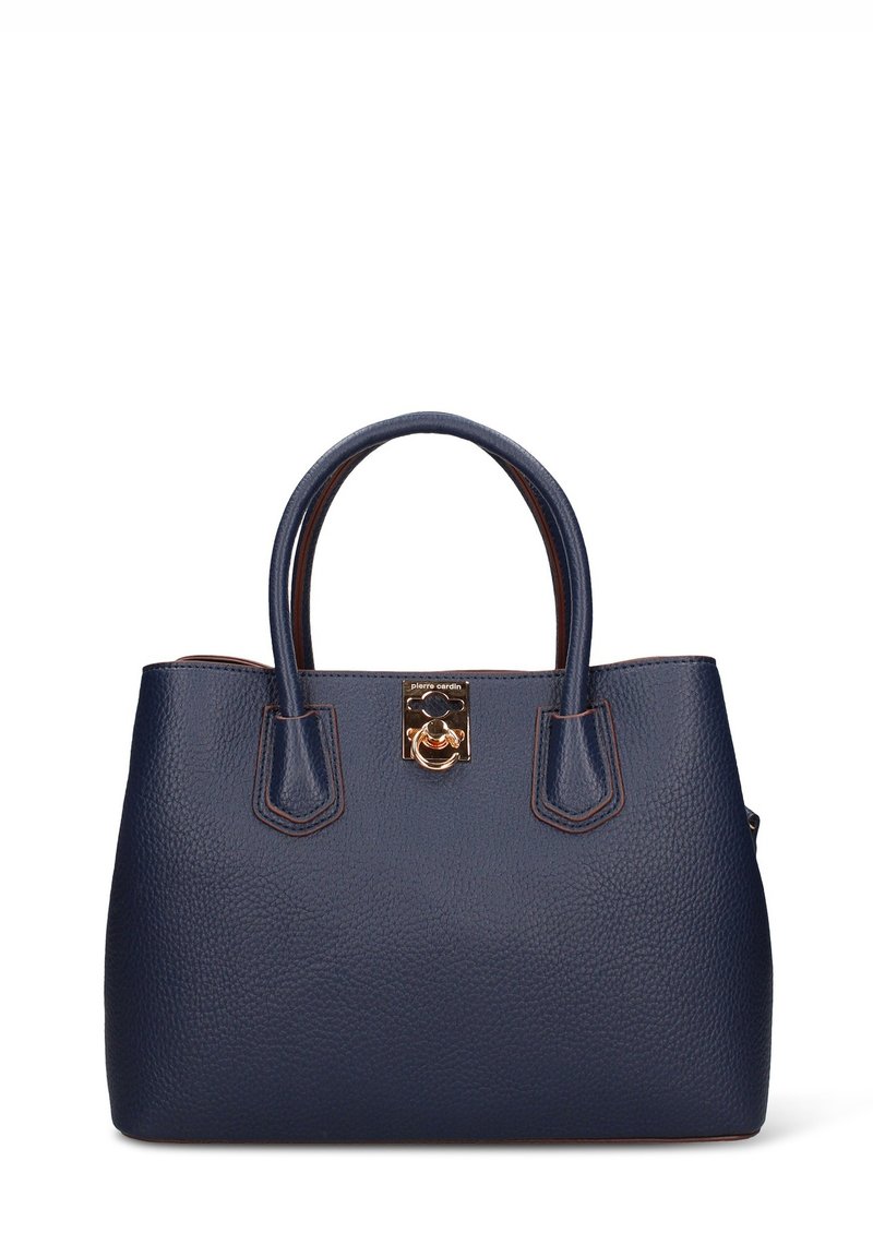 Donkerblauwe leren handtas met een gestructureerd oppervlak, dubbele handvatten, gouden beslag en een sluiting met een gesp. Heeft bruine accenten langs de randen.