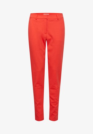 Červené, priliehavé nohavice vyrobené z hladkej tkaniny. Majú štandardný pás, dve predné vrecká a užší strih nohavíc.