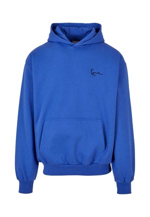 Felpa blu in tessuto misto cotone, con tasca a marsupio, polsini a costine e un piccolo logo nero sul petto.