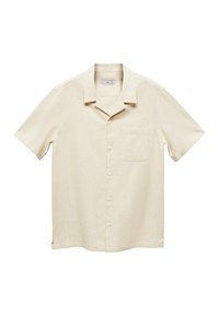 Beige overhemd met korte mouwen en kraag, gemaakt van lichte stof; heeft een borstzak en vijf knopen aan de voorkant. Eenvoudig ontwerp.