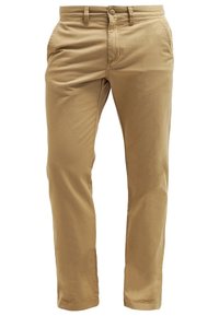 Pantalon décontracté beige pour hommes avec bouton frontal, braguette zippée, passants pour ceinture, poches latérales, et coupe droite ajustée.
