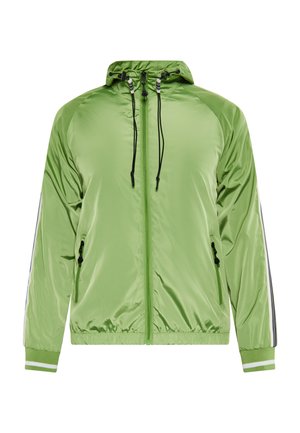 Hellgrüne Sportjacke aus glänzendem Material, mit Kapuze, Frontreißverschluss, seitlichen Taschen und kontrastierenden Streifen an den Ärmeln.