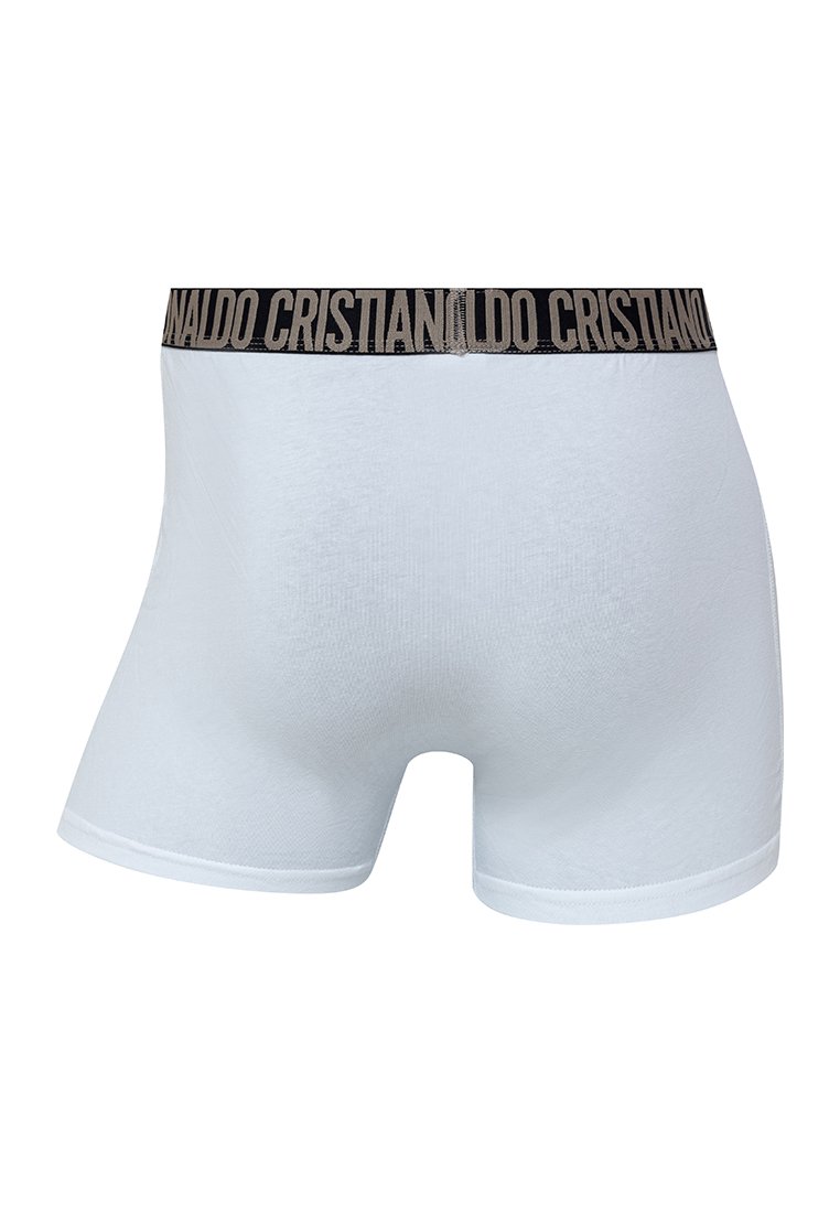 Boxer ajustados de algodón blanco con una cinturilla elástica negra que presenta "CRISTIANO" en letras negritas. Textura suave y diseño ajustado.