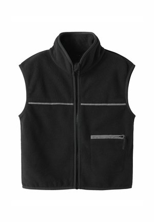 Gilet en polaire noir avec col montant, zip frontal intégral, accents réfléchissants, et une poche zippée sur la gauche et une poche ouverte sur la droite.