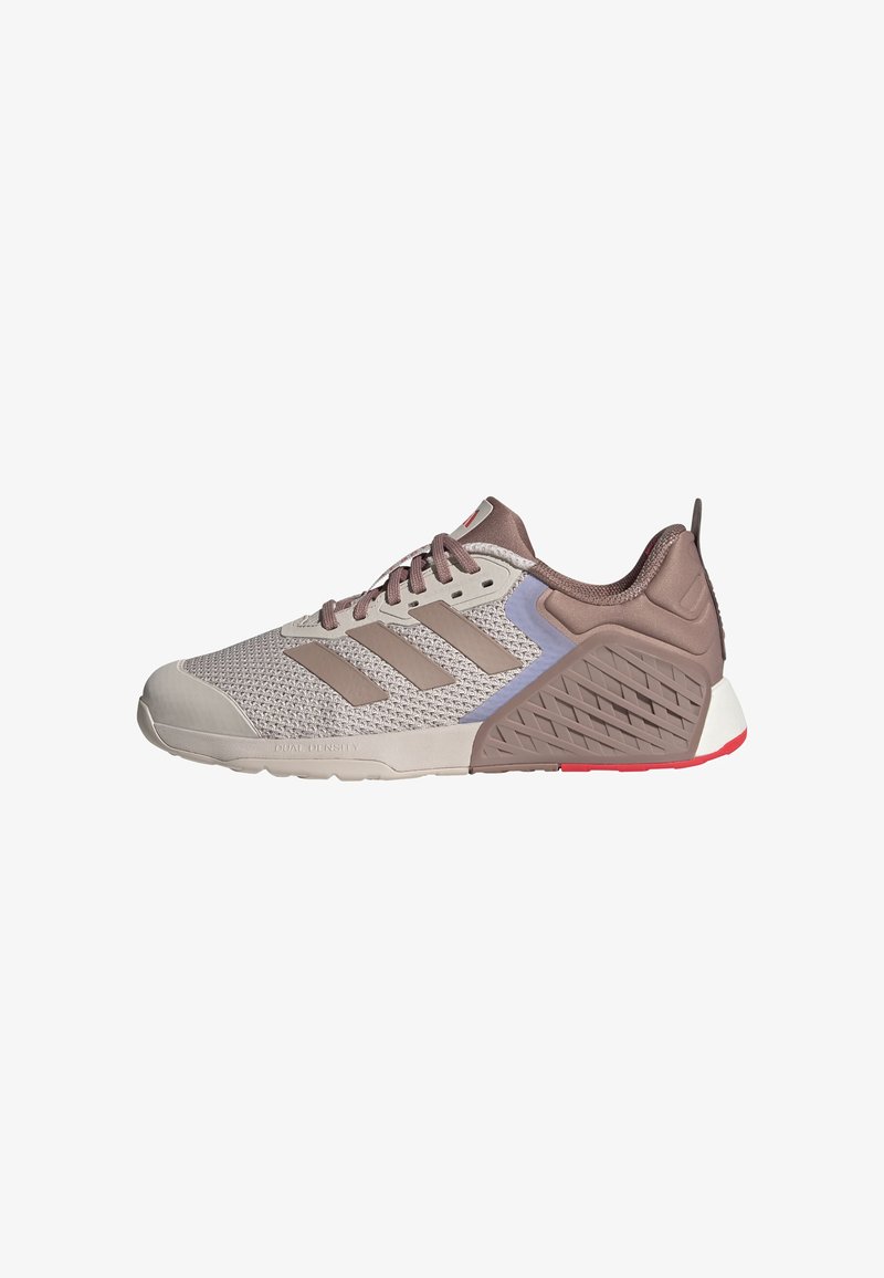 Light gray athletic shoes with a mesh upper, brown accents, three stripe logo, and a textured rubber sole with red details.