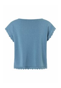 Korte mouwen, lichtblauw gebreid shirt met gegolfde randen bij de mouwen en de onderkant, met een relaxed fit en een gladde textuur.