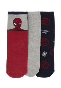 Drei Paar Kindersocken: rot mit Spider-Man-Gesicht, einfarbig grau und marineblau mit roten Spider-Man-Logos und weißen Spinnen-Icons.