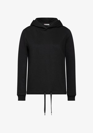 Sweat-shirt à capuche noir en mélange de coton doux, avec des manches longues, un cordon de serrage à l'ourlet et une texture simple et lisse.