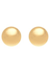 Guld kugleøreringe med en glat, poleret overflade. Har en skinnende finish og et enkelt, klassisk design.