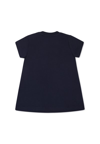 Abito blu navy a maniche corte con scollatura rotonda. Realizzato in tessuto morbido, presenta una forma ad A semplice e un colore uniforme senza fantasie.