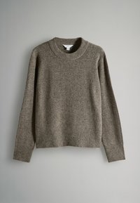 Maglione marrone in maglia con scollatura rotonda a coste e maniche lunghe. Texture morbida, lunghezza corta, design minimale senza motivi o dettagli.