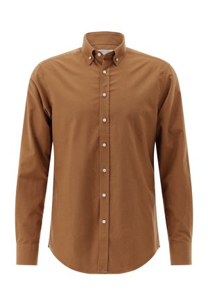 Langärmliges Hemd aus einem reichhaltigen braunen Baumwollstoff. Mit einem Button-Down-Kragen, weißen Knöpfen und einem abgerundeten Saum.