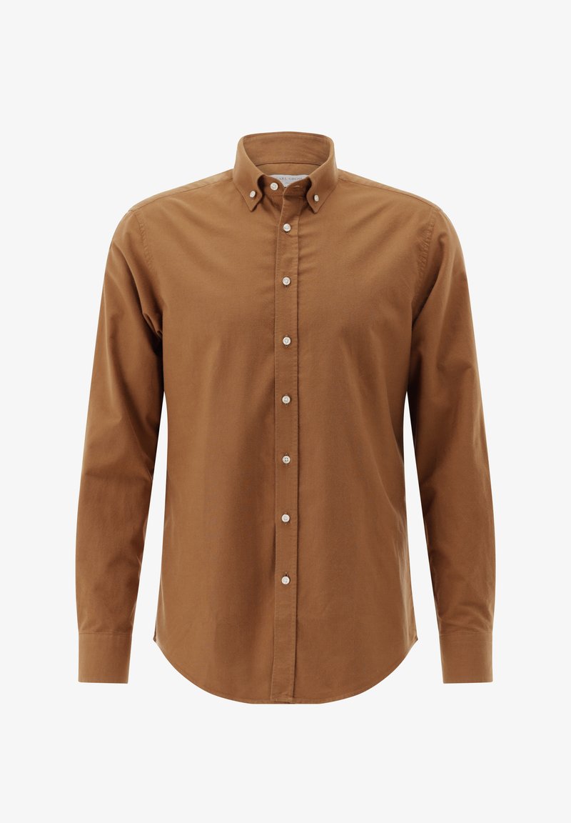Langärmliges Hemd aus einem reichhaltigen braunen Baumwollstoff. Mit einem Button-Down-Kragen, weißen Knöpfen und einem abgerundeten Saum.
