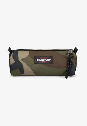 Eastpak pencil case in camo print, featuring durable fabric, black zipper, and a small loop for attachment. Size is cylindrical with flat base.