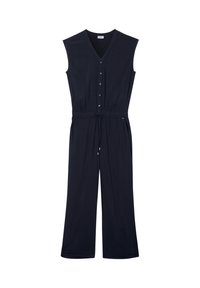 Marineblauwe mouwloze jumpsuit met een V-hals, knoopsluiting aan de voorkant, verstelbare taille met trekkoord en een breed been ontwerp. Zachte textuur, minimale details.