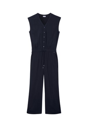 Marineblauwe mouwloze jumpsuit met een V-hals, knoopsluiting aan de voorkant, verstelbare taille met trekkoord en een breed been ontwerp. Zachte textuur, minimale details.