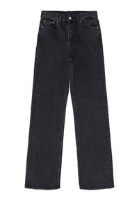Black denim wide-leg jeans with a high waist, five-pocket design, copper rivets, and a smooth, textured surface.