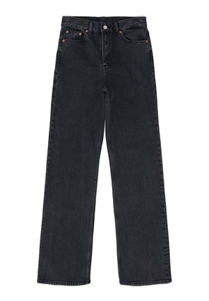 Jeans anchos de mezclilla negra con cintura alta, diseño de cinco bolsillos, remaches de cobre y una superficie lisa y texturizada.