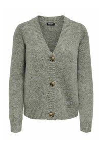 Cárdigan verde de punto con escote en V, mangas largas, cinco grandes botones marrones y un acabado texturizado. Costuras claras y diseño informal.