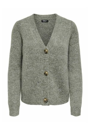 Zielony sweter z dzianiny, z dekoltem w szpic, długimi rękawami, pięcioma dużymi brązowymi guzikami i teksturowanym wykończeniem. Wyraźne szwy i casualowy design.