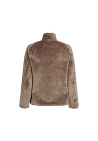 Bruine, pluche fleece pullover met een hoge kraag en lange mouwen. Zachte textuur met een gladde afwerking en subtiele kleurvariaties.