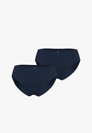 Ensemble de lingerie hipster pour femmes en bleu marine, présentant une texture côtelée et un petit emblème. Le design offre une couverture complète et une ceinture douce.