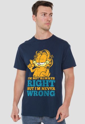 Navy blue cotton t-shirt featuring a graphic of a cartoon cat and text: "I'M NOT ALWAYS RIGHT BUT I'M NEVER WRONG" in yellow and teal.