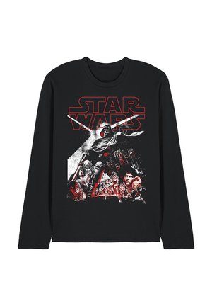 Schwarzes Langarmshirt mit roter und weißer Star Wars-Grafik, die Charaktere und Schiffe aus dem Film zeigt, darunter Darth Vader in prominenter Position.
