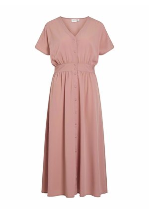 Rosa knielanges Hemdkleid mit kurzen Ärmeln, V-Ausschnitt und gerafftem Taillenbereich. Hergestellt aus weichem Material.