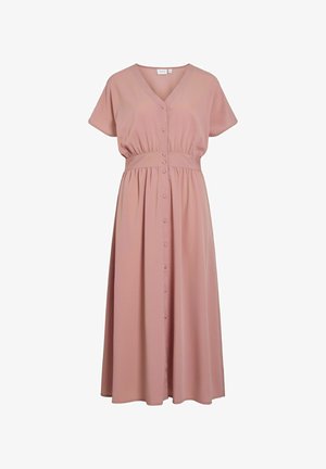 Roosa nööbiga midi kleit lühikeste varrukatega, V-kaeluse ja kogutud vöökohtadega. Valmistatud pehmest kangast.