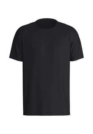 Zwarte T-shirt met korte mouwen van katoen. Heeft een klassieke ronde hals en een ontspannen pasvorm. Gladde textuur zonder zichtbare patronen.