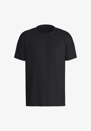 Zwarte T-shirt met korte mouwen van katoen. Heeft een klassieke ronde hals en een ontspannen pasvorm. Gladde textuur zonder zichtbare patronen.