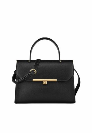 Sac à main en cuir noir texturé avec poignée supérieure, bandoulière réglable, et fermoir rectangulaire doré sur le rabat avant.