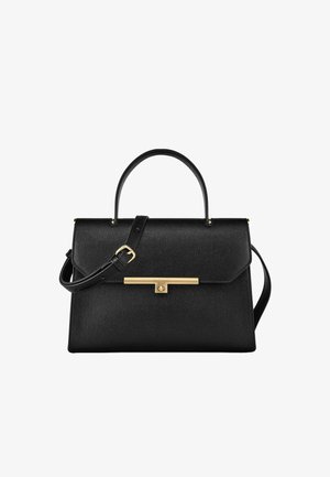 Črna torbica iz teksturiranega usnja z zgornjim ročajem, nastavljivim ramenskim trakom in zlato pravokotno zaponko na sprednji preklop.